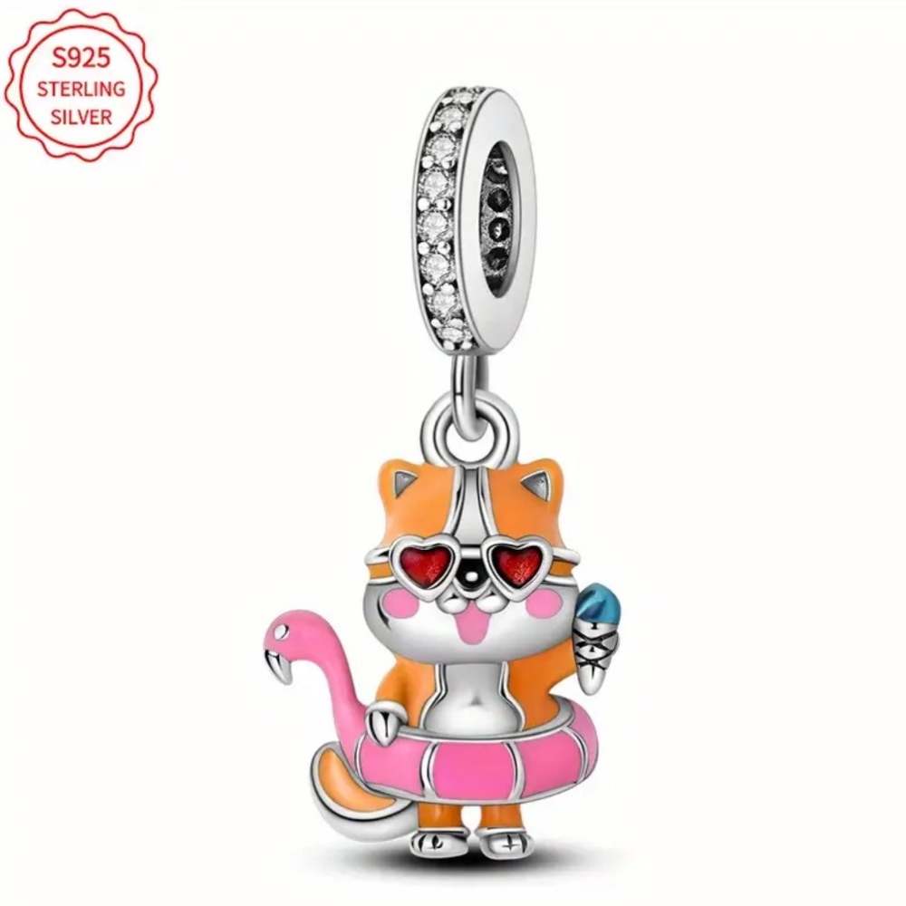 925 Cat Going To The Beach Bracelet Charm-For Pandora & Most Charm Bracelets